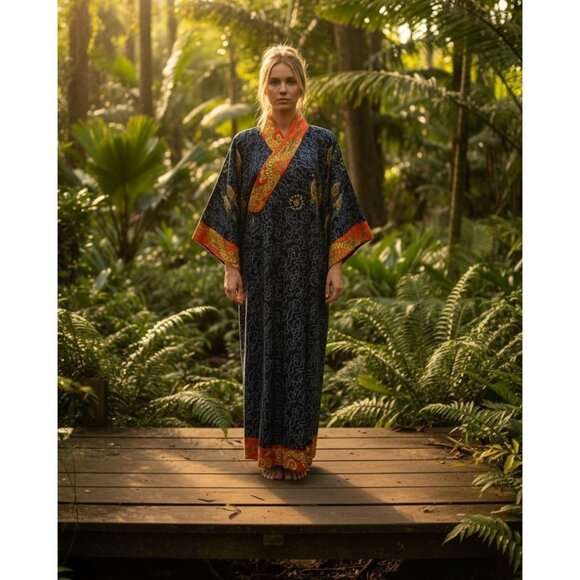 J Peterman Company Imperial Dragon Kimono Dress Faux Wrap Cotton Blue Print S/M - Picture 3 of 13